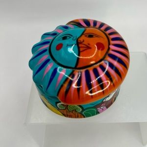 Mexican Talavera Sun Face Trinket Box Pottery Folk Art Green and Orange
